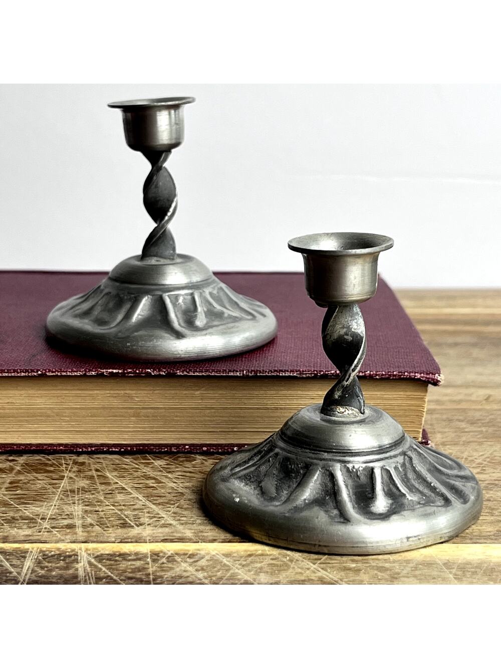Vintage Miniature Pewter Candlestick Holders Set of 2 Norway 2.25" Tall Rustic
